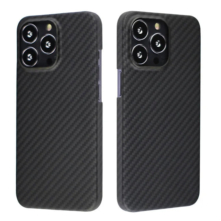 Dull black Kevlar fibre back cover case for Apple iPhone with MagSafe ring visible.