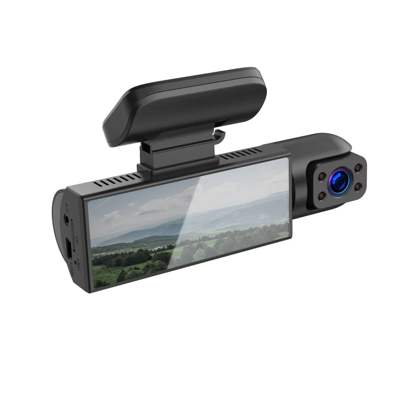 Dual-lens driving recorder with 3.5-inch screen showing front and interior recording