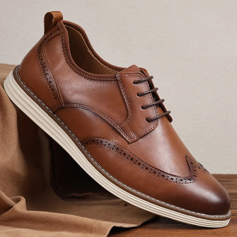 Men's black and brown slip-on casual shoes with a round toe and low-top PU upper.
