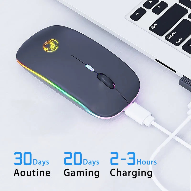 Black or white dual-mode wireless silent mouse with scroll wheel, shown with USB charging cable.
