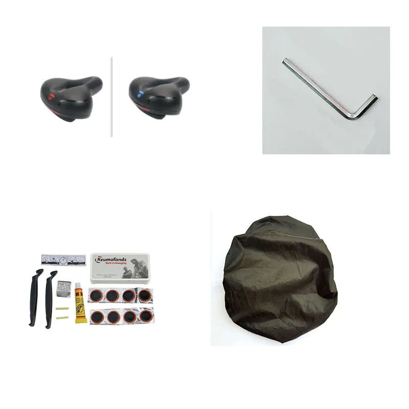 Bicycle saddle cushion with soft silicone top, polyurethane foam, steel frame, and included waterproof cover and tools.