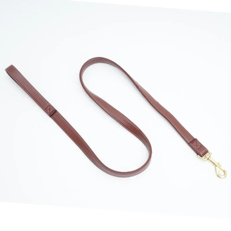 Black PU leather pet traction belt showing length and clip for dog walking