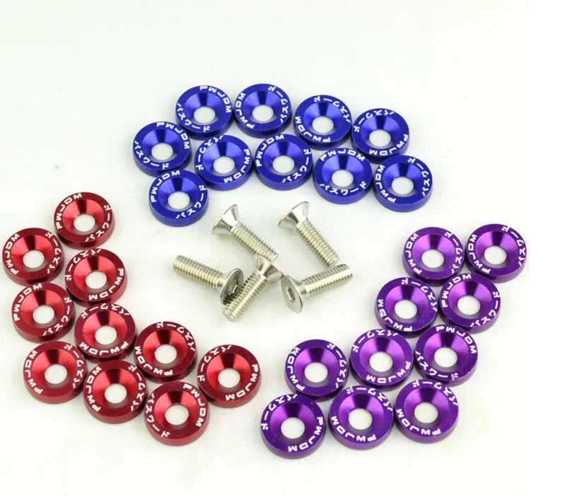 Car modification gasket screw bolt washer kit showing eight anodised colour options for engine bay customisation
