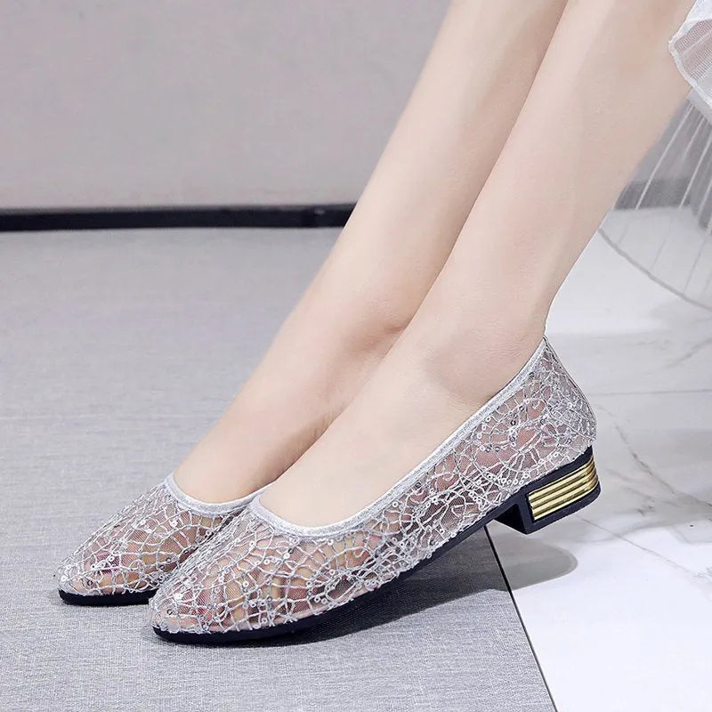 Women's low-cut summer casual flats in solid silver or gold, breathable microfiber and composite, sizes 35-42