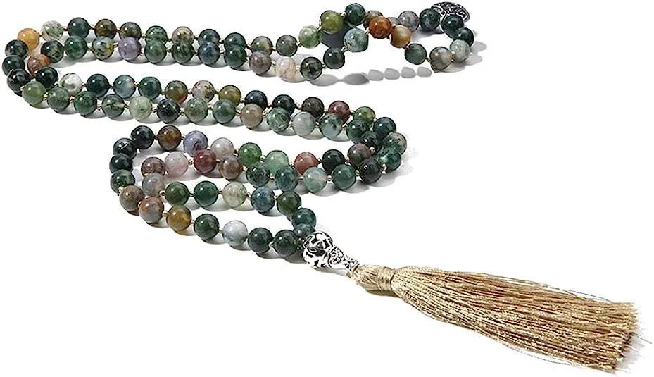 Handmade knotted stone bead necklace with 108 beads, showing geometric design and natural stone colours.