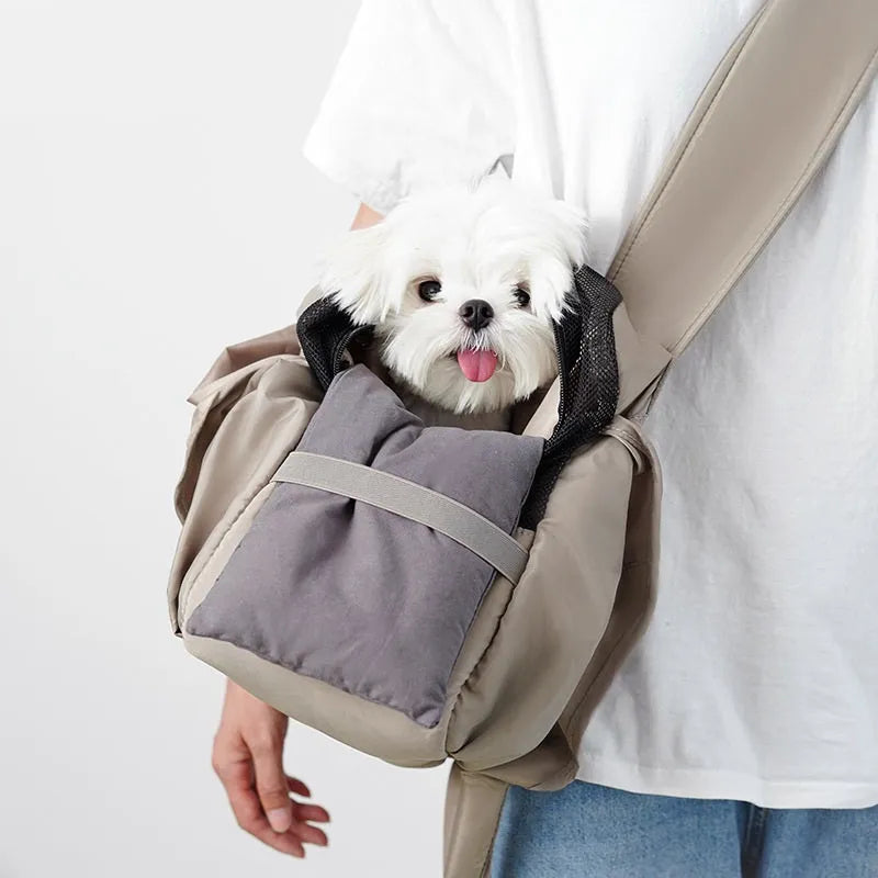 Apricot-coloured cloth pet carrier bag with shoulder strap, medium size for small dogs and cats