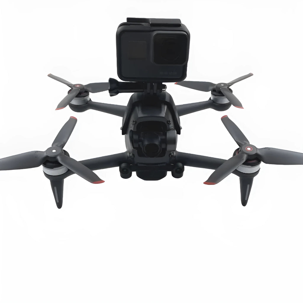 3D printed hard plastic drone expansion bracket for mounting GoPro cameras on top.