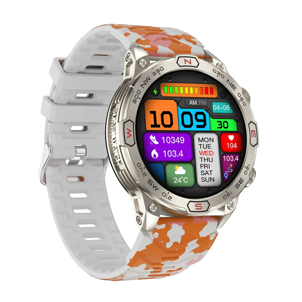 Sports smartwatch with AMOLED display on a silicone strap, showing a fitness tracking interface.