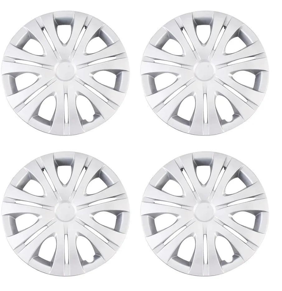 Universal monochrome ABS plastic wheel hub cover in silver, black, and electroplated finishes for 13 to 16 inch wheels.