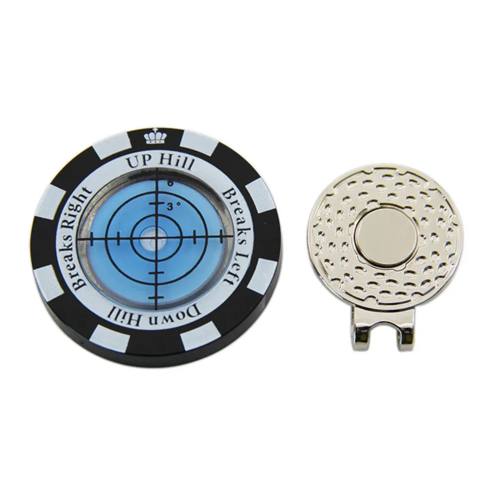 Golf level hat clip measurement tool with green level face and position marks in six colour options