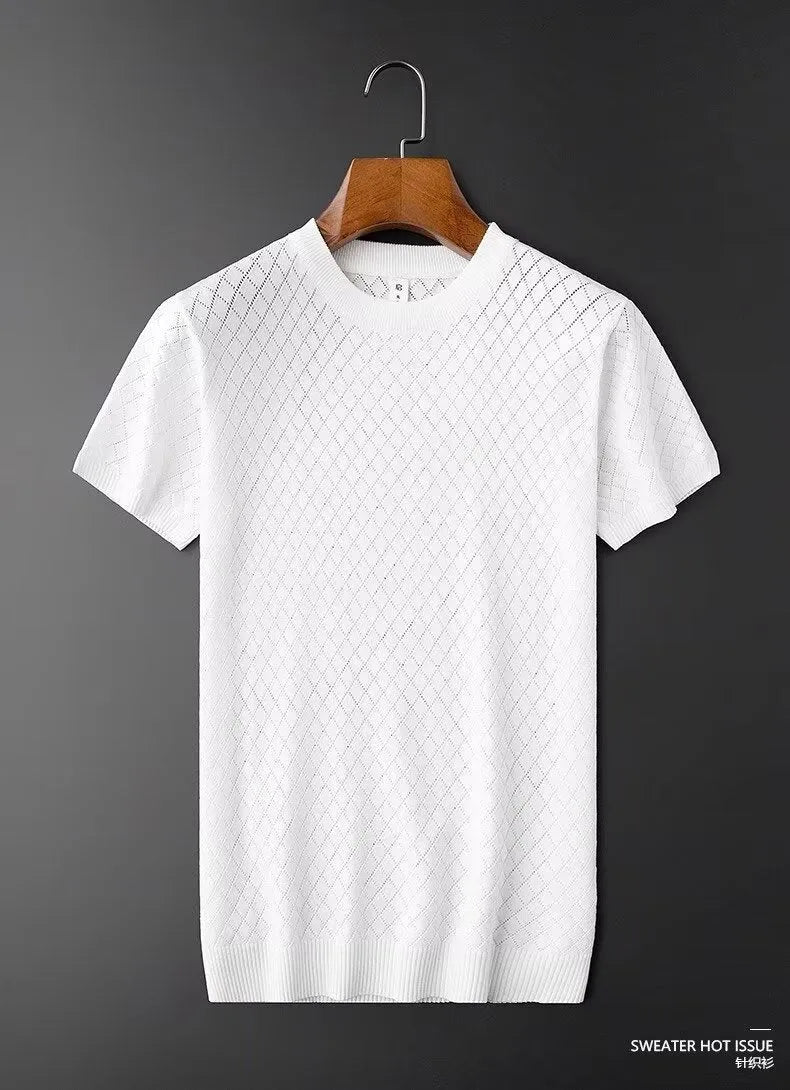 Man wearing a black Korean-style ice silk V-neck t-shirt, showcasing the cut-out detail and casual fit.