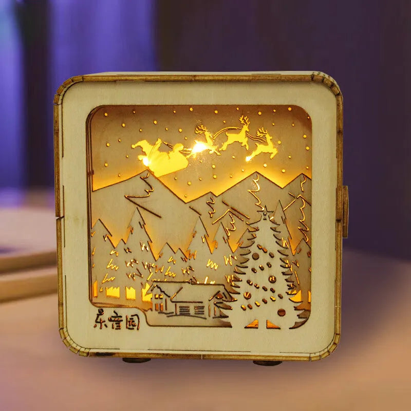 3D wooden puzzle night lamp assembled as a small ornament with train station design on a desk
