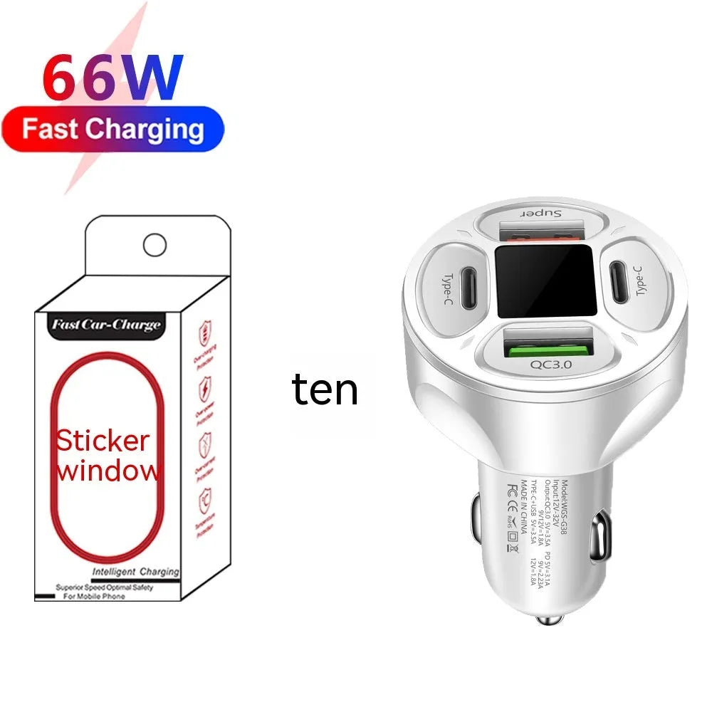 66W dual USB and dual Type-C car charger with digital display showing voltage reading