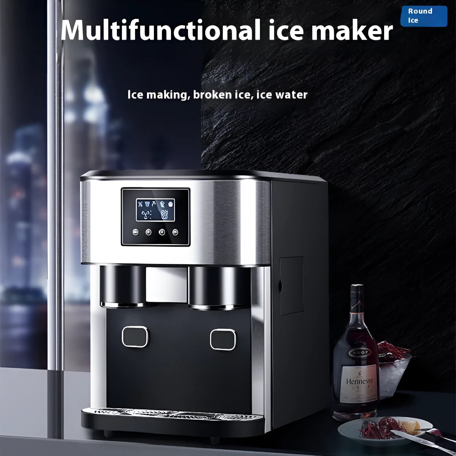 Black desktop ice making machine with ice crushing and cold water dispensing functions on countertop