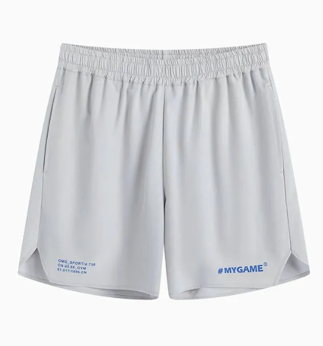 Men's grey quick-dry fitness shorts with high elasticity for gym training on a plain background.