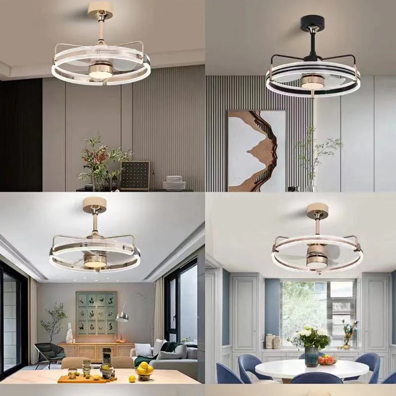 Modern ceiling fan light with remote control and three-colour LED lighting in black or gold finish