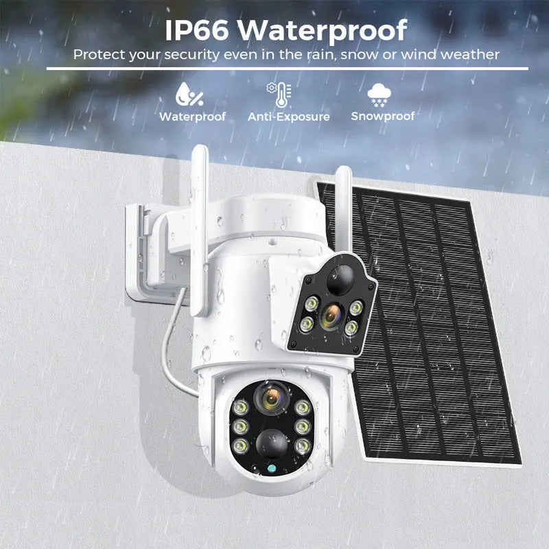 Outdoor solar-powered wireless wifi security camera with solar panel in black and white or white finish.