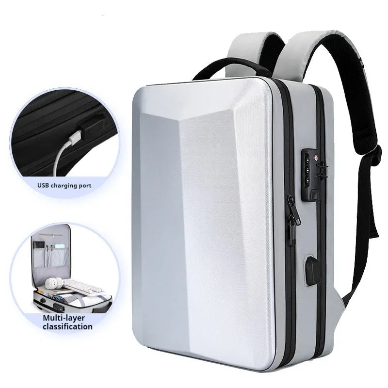 Black and silver white men's business backpack made of ABS PC and Oxford cloth, shown in 15 inch and 17 inch sizes.