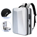 Black and silver white men's business backpack made of ABS PC and Oxford cloth, shown in 15 inch and 17 inch sizes.