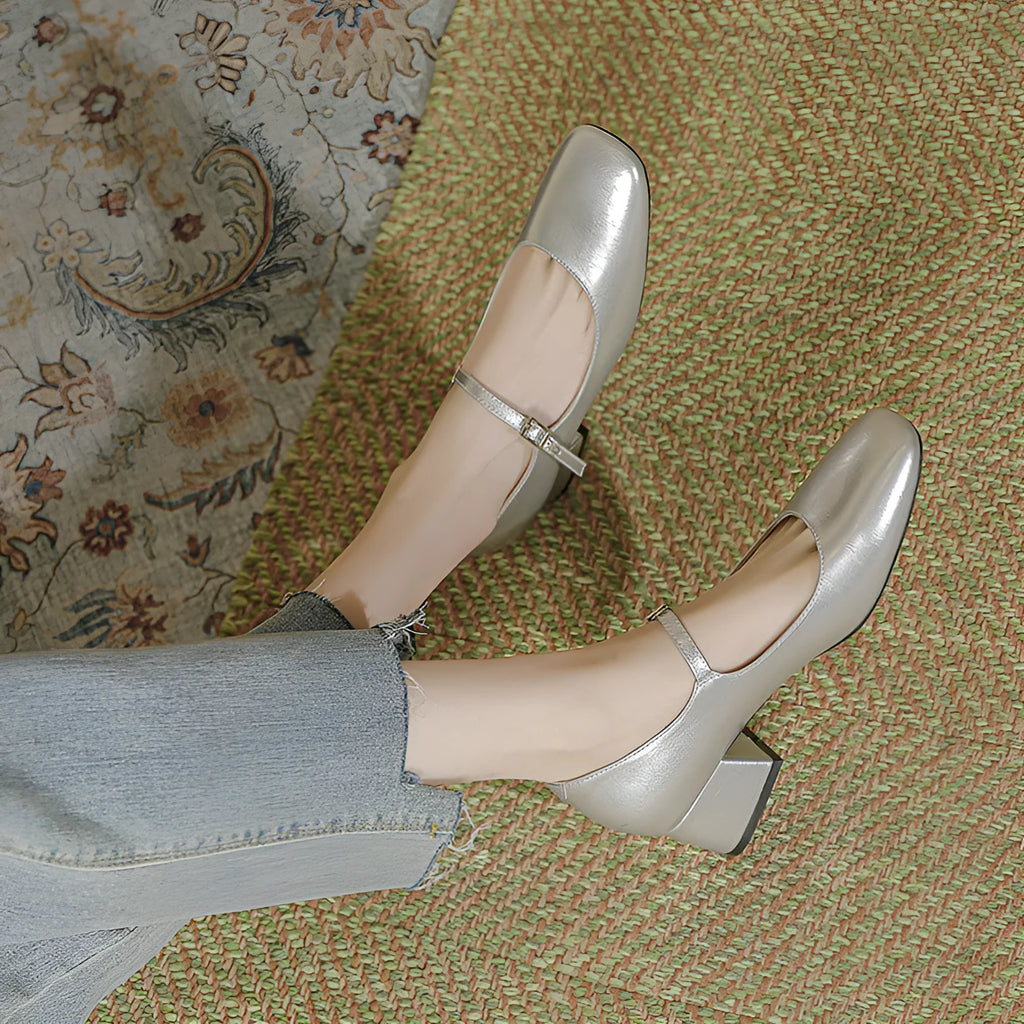 Women's square toe patent leather Mary Jane shoes with pearl detail and mid heel in apricot colour