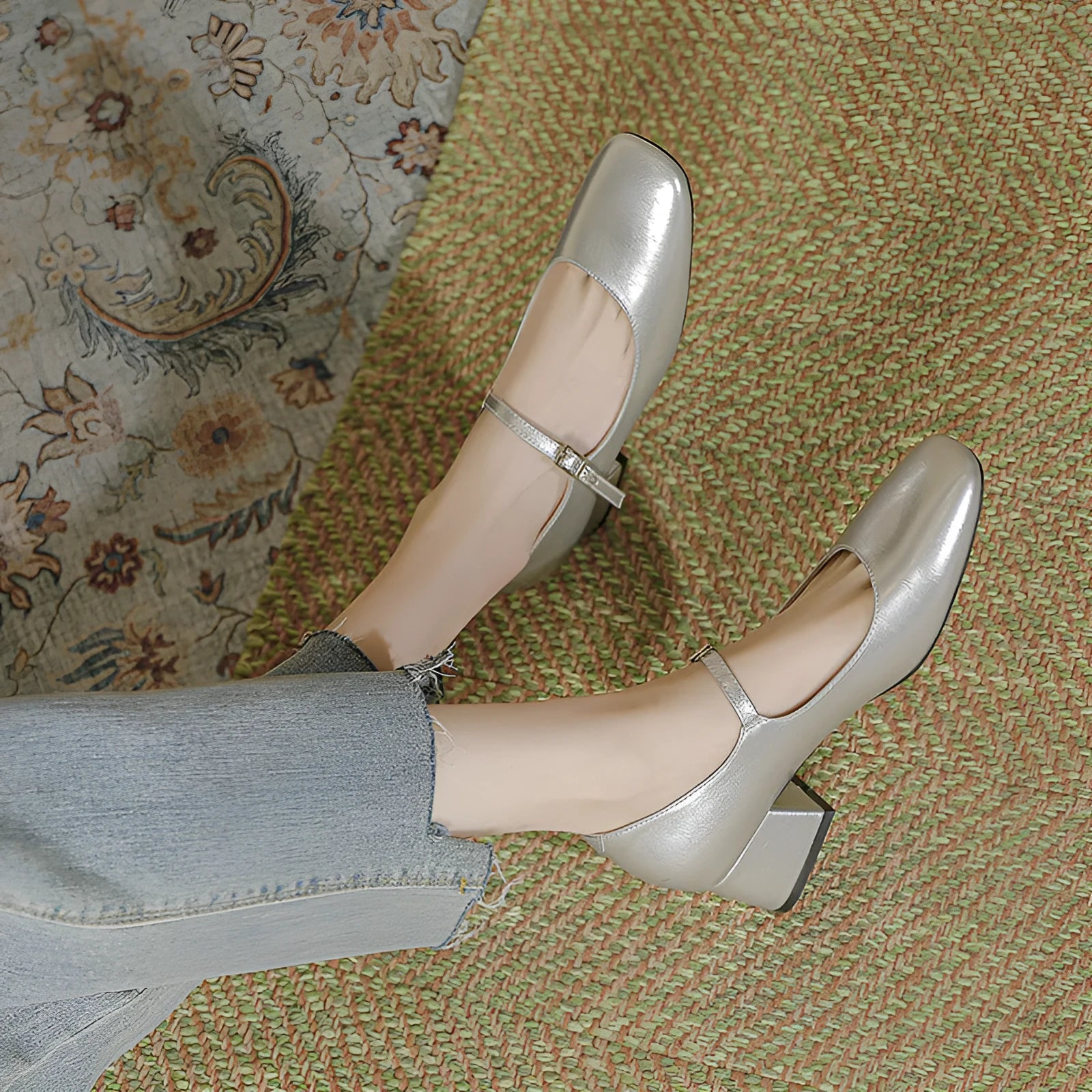 Women's square toe patent leather Mary Jane shoes with pearl detail and mid heel in apricot colour
