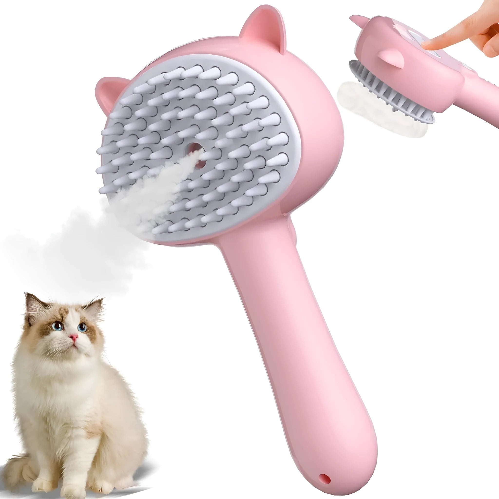 Blue cat steam brush with ergonomic handle, rubber bristles and mist spray function for pet grooming