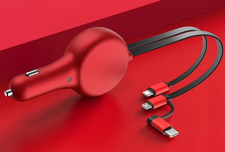 Black retractable car charger with extended USB-A and Type-C cables plugged into a car dashboard.