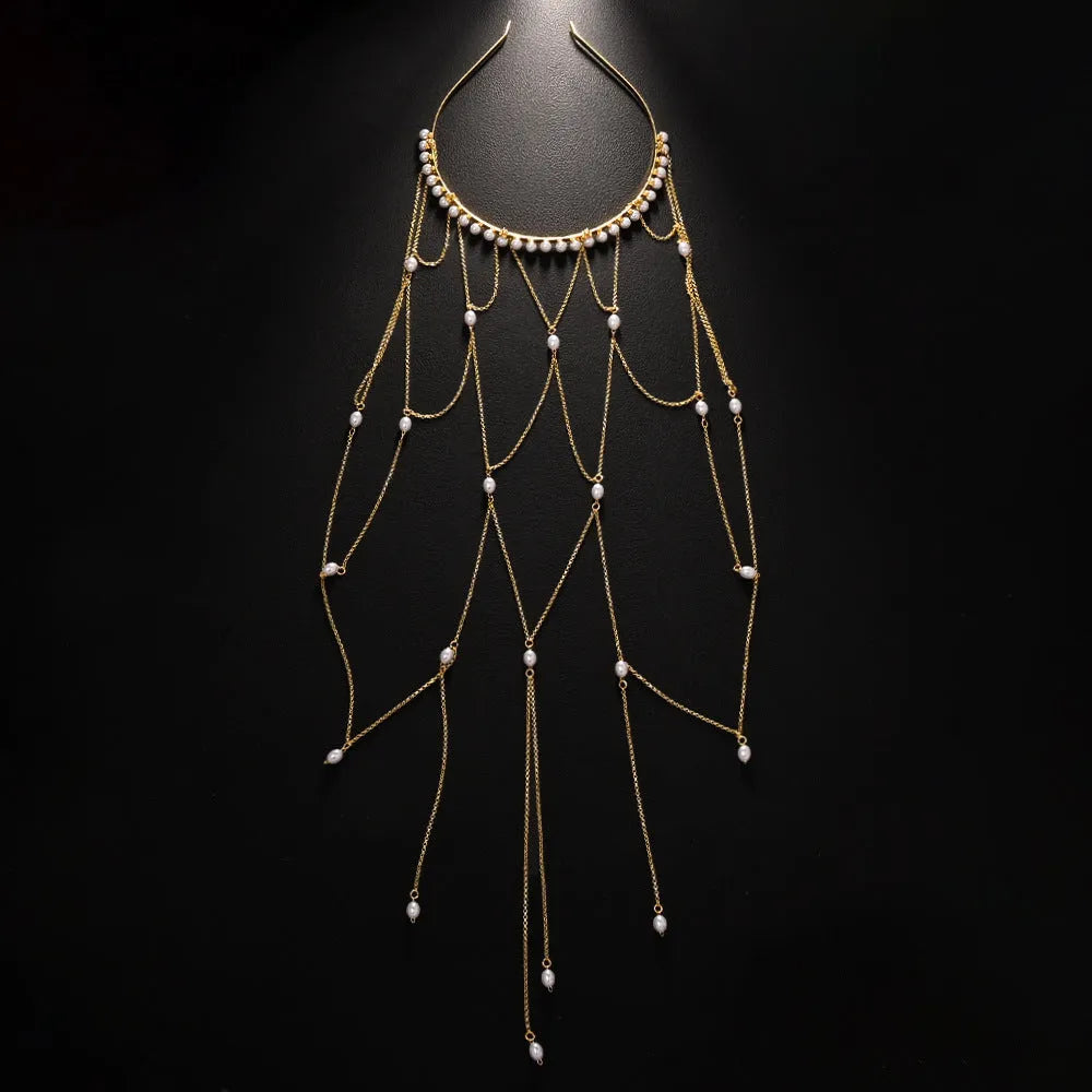 Gold and silver mesh tassel hair chain with pearl details for women