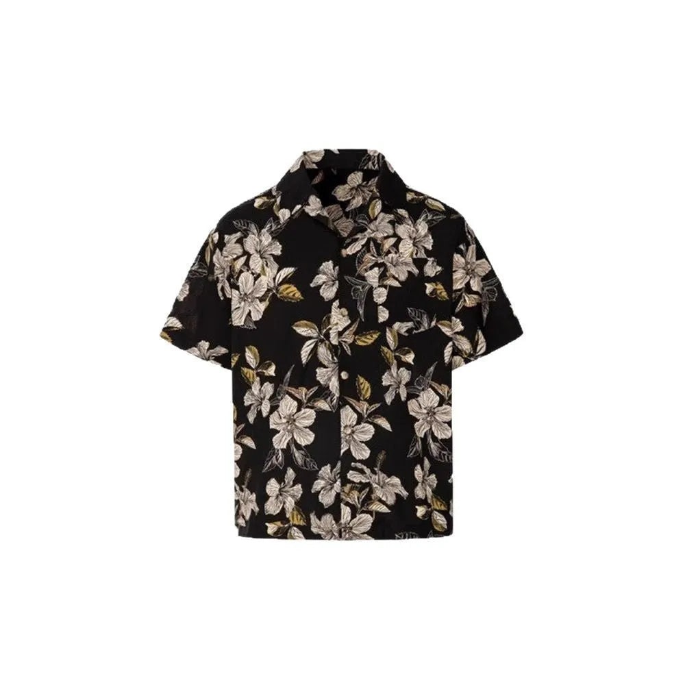 Black men's vintage Cuban collar shirt with printed floral pattern, made from thin ice silk fabric.