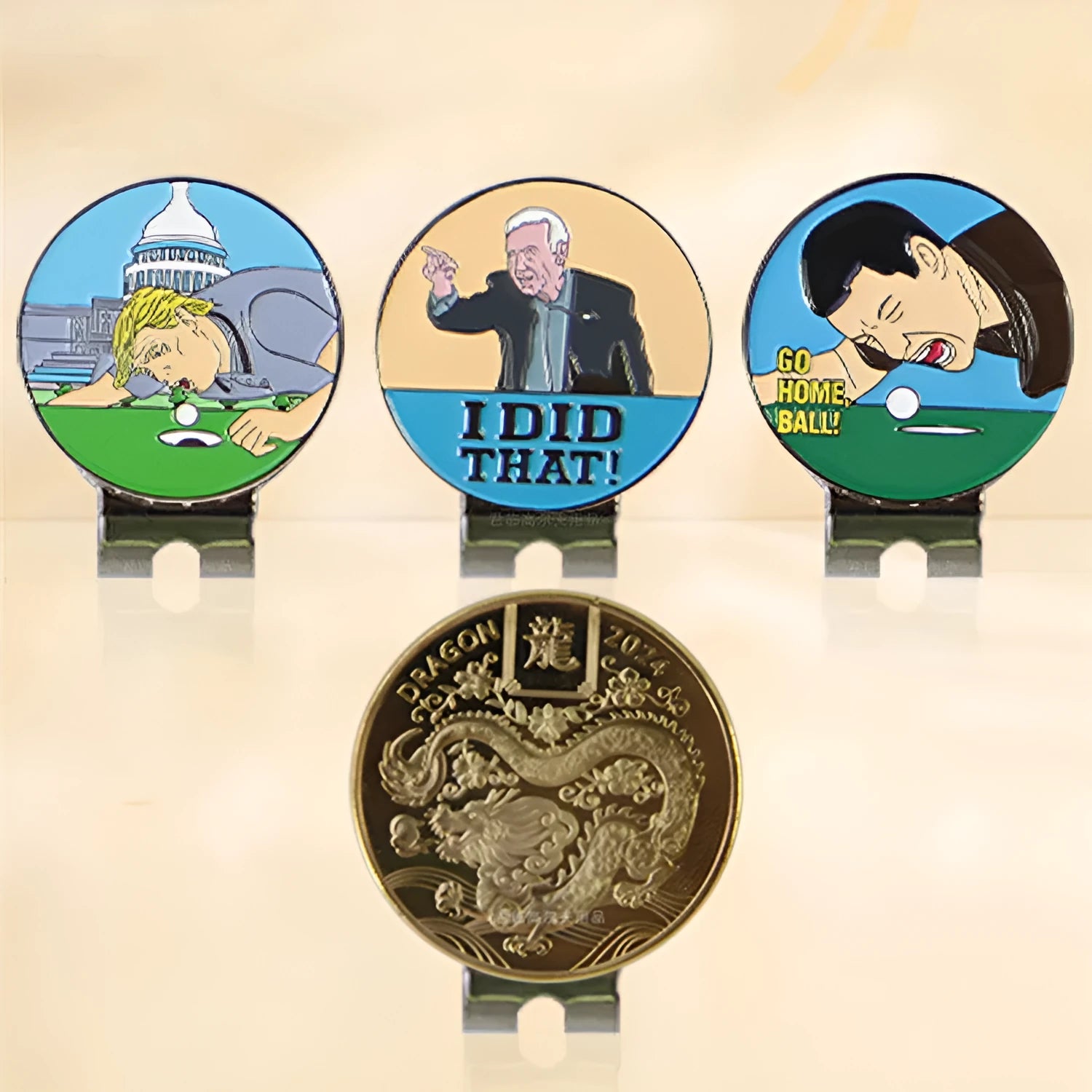Zinc alloy golf hat clip with detailed dragon year and sports-themed metal patterns.