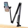 Black desktop tablet cantilever bracket with foldable metal construction and tablet clip
