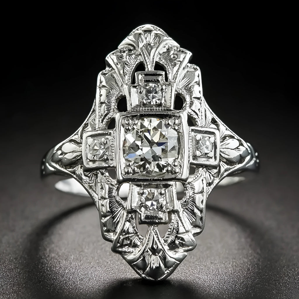Hollow geometric copper ring with diamond studs in electroplated silver finish