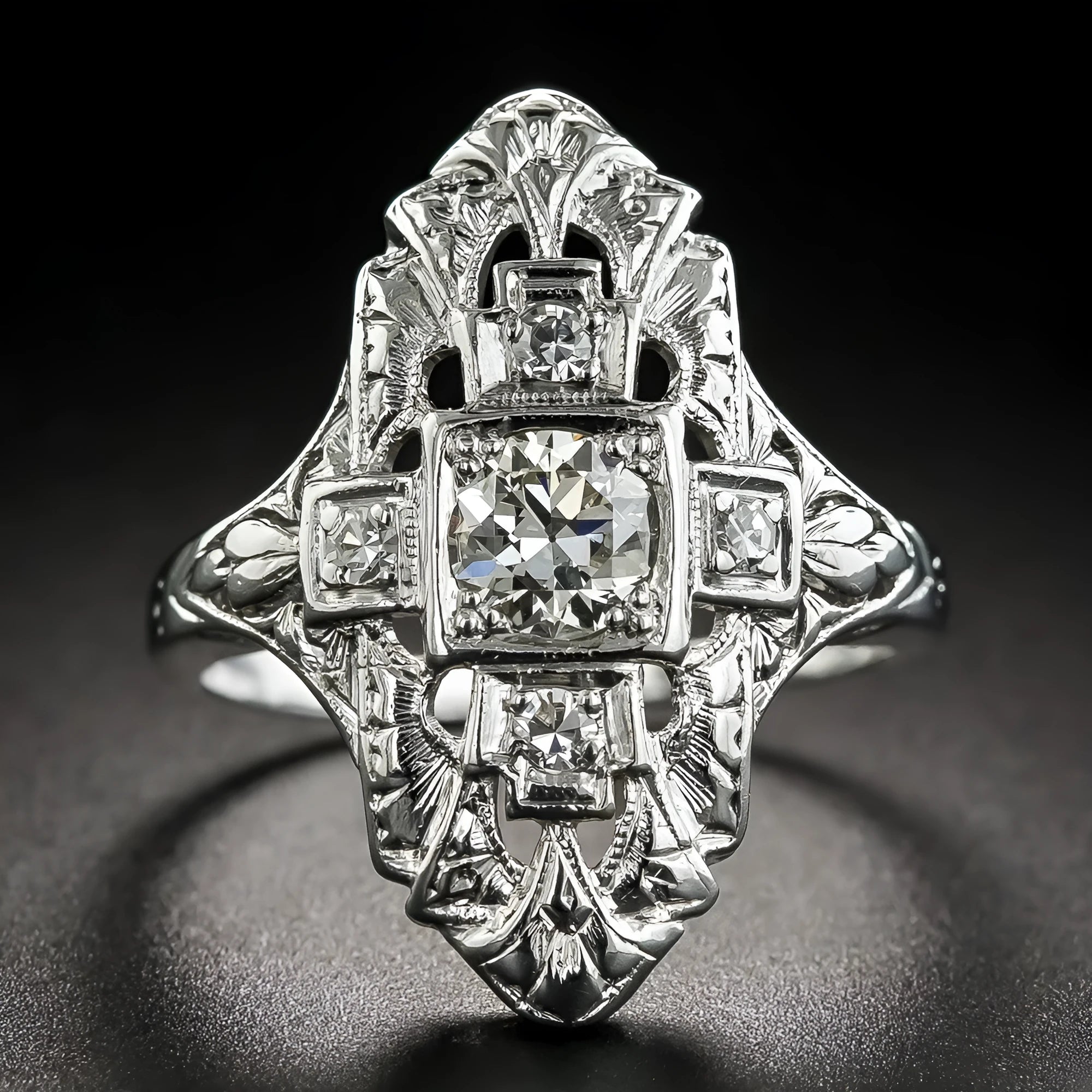 Hollow geometric copper ring with diamond studs in electroplated silver finish