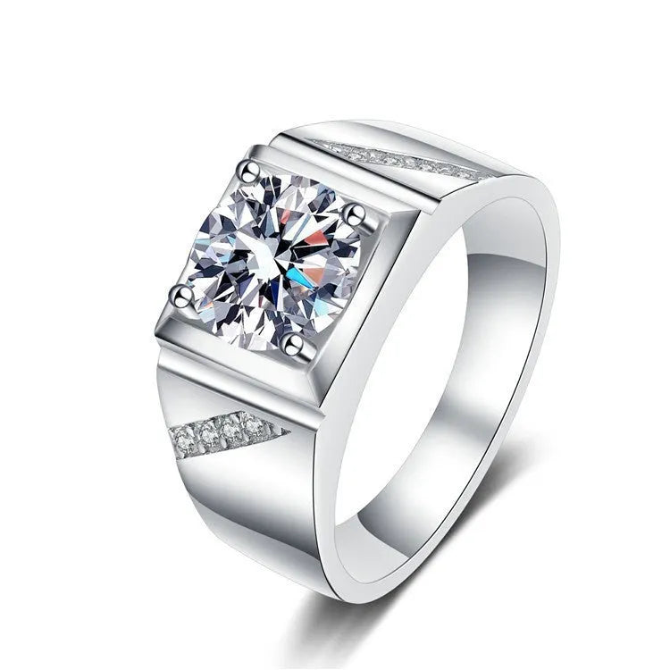 Large square diamond men's ring with adjustable opening in gold finish on hand