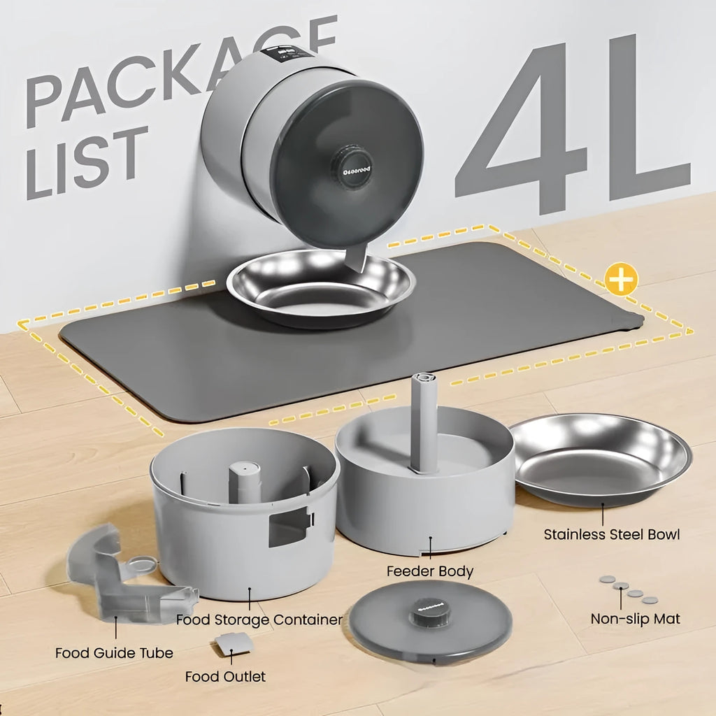 White plastic automatic pet feeder with button controls and UK plug for cats and dogs
