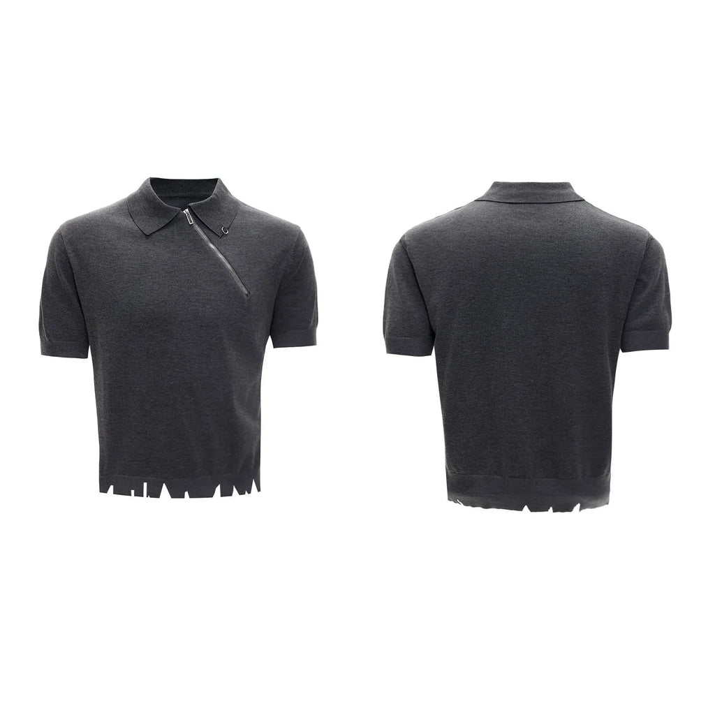 Man modelling a slim-fit black knitted polo shirt with an oblique zip closure and short sleeves.
