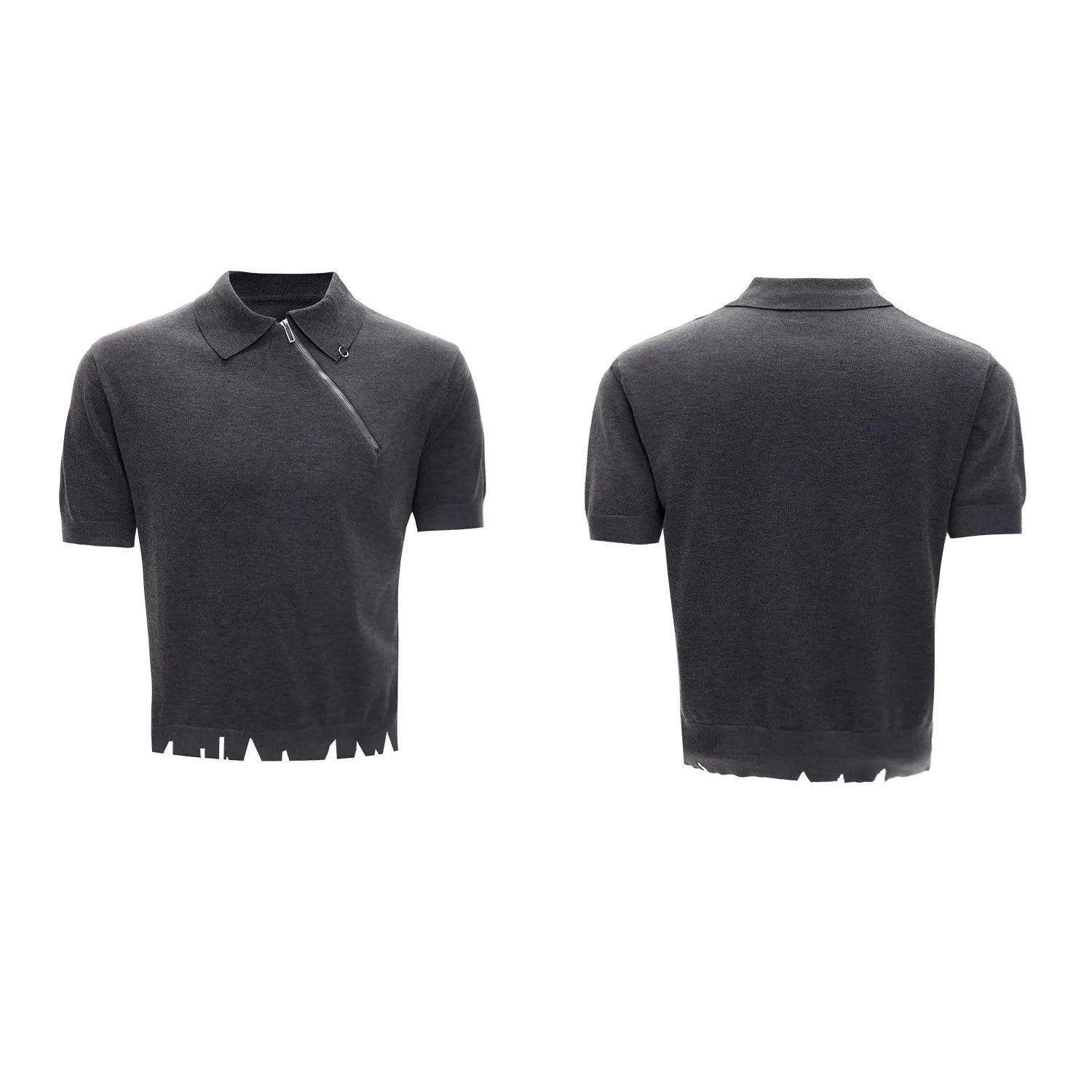 Man modelling a slim-fit black knitted polo shirt with an oblique zip closure and short sleeves.