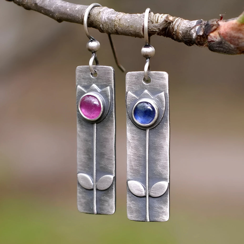 Geometric ellipse earrings with antique red sapphire finish and electroplated metal construction