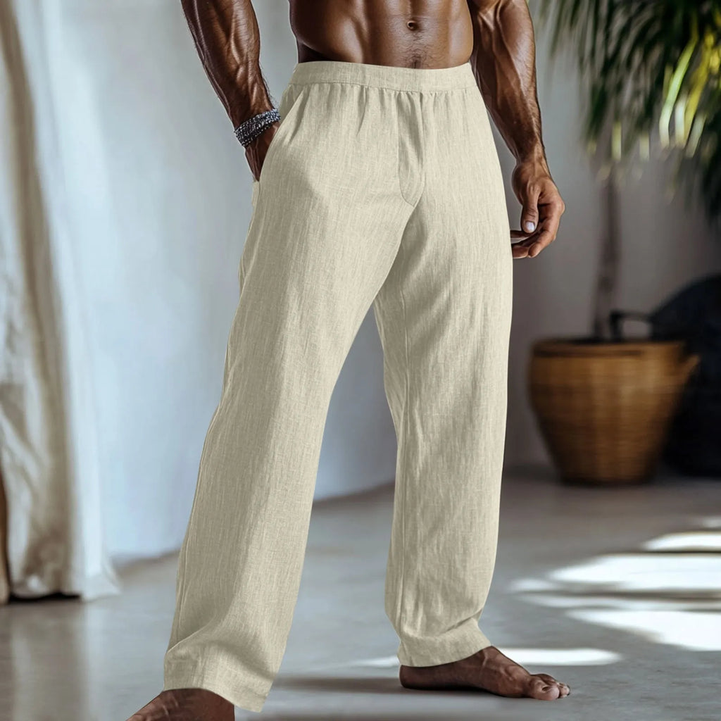 Cotton and linen straight-leg trousers in light green colour with visible pockets and straight hem