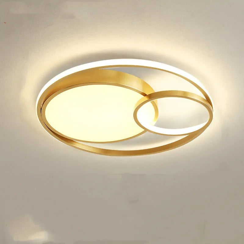Modern minimalist round LED ceiling light in white with wrought iron frame and acrylic shade.