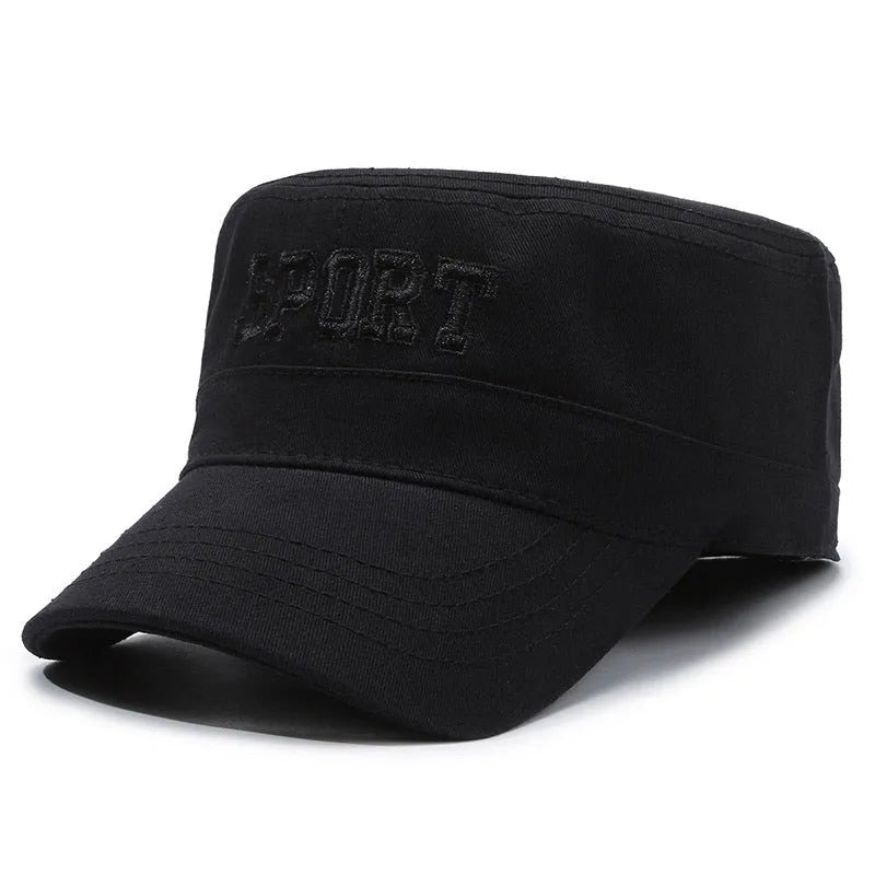 Men's flat-top peaked cap in cotton on adjustable strap, shown in army green colour.