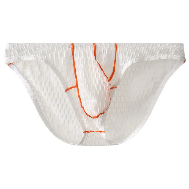 Men's low waist ice silk lace briefs in solid colours including rose red and light purple on a size chart.