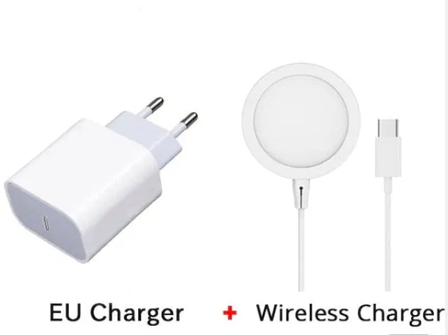 Silver metal Magsafe-compatible magnetic wireless charger for iPhone on a wooden desk