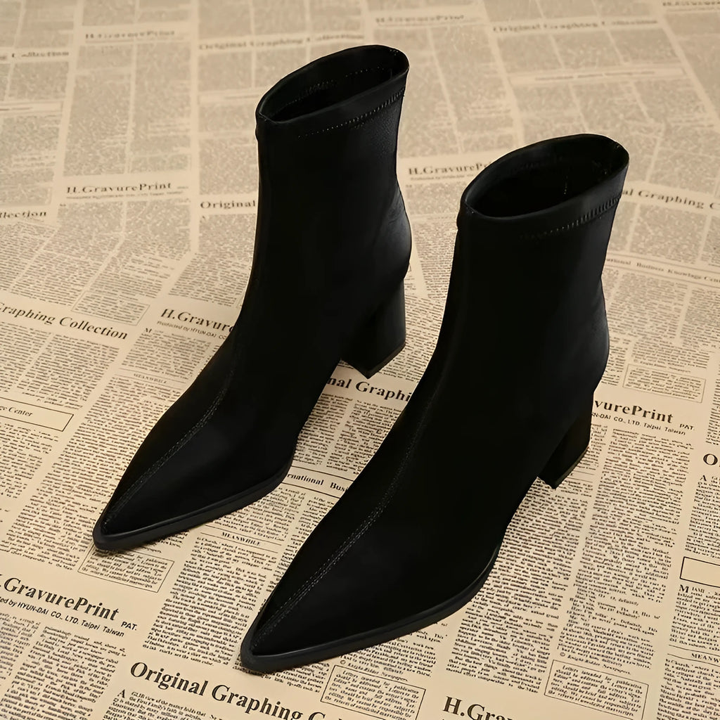 Women's stretch fashion suede pointed Martin boots in khaki with mid heel and rubber sole