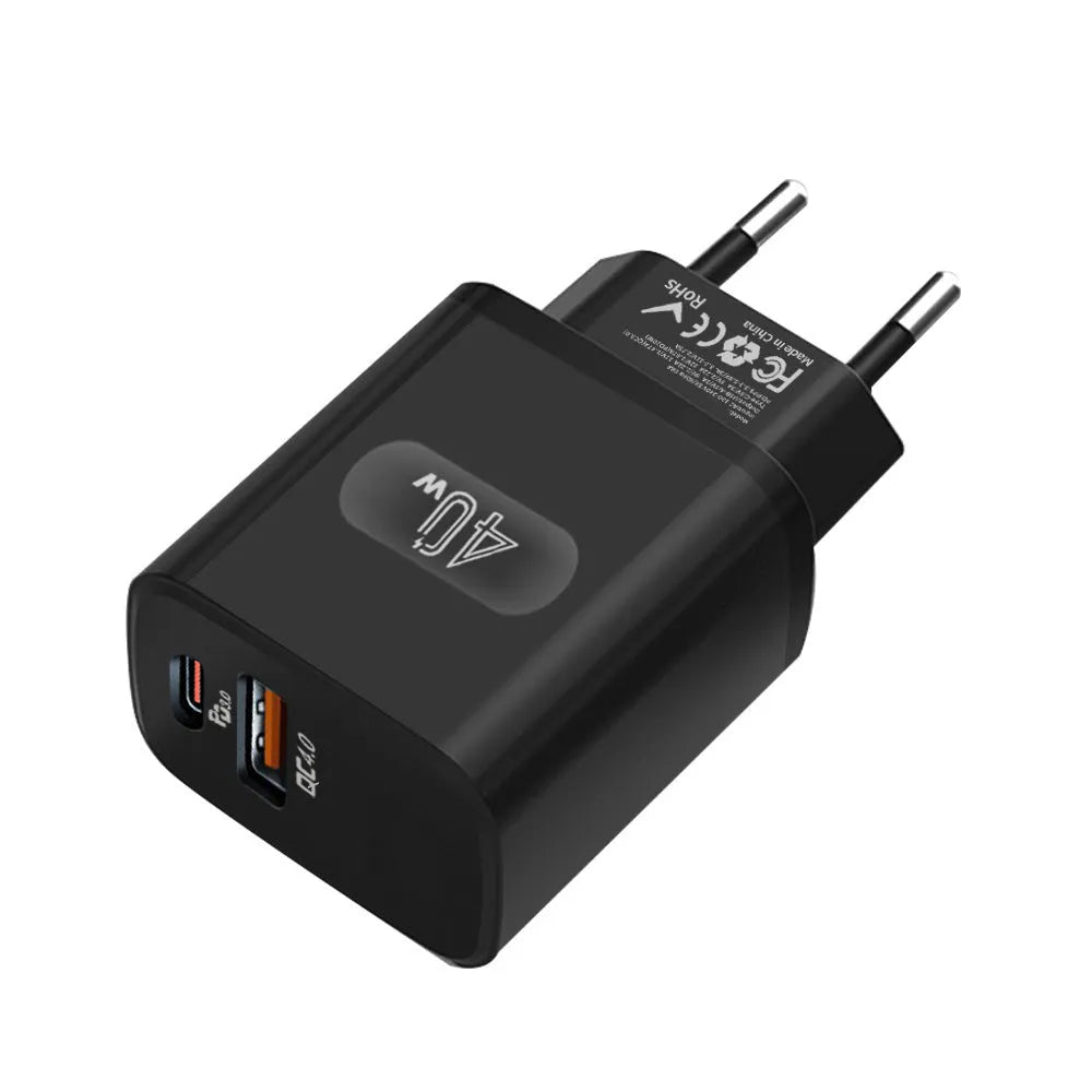 Dual-port USB charger 40W with European and American standard plugs in white and black colour options