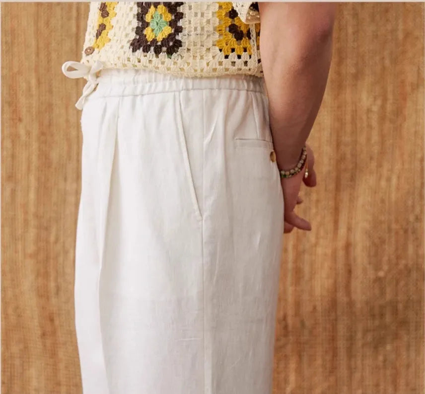 Linen straight-leg trousers with elasticated high waist in three colour options