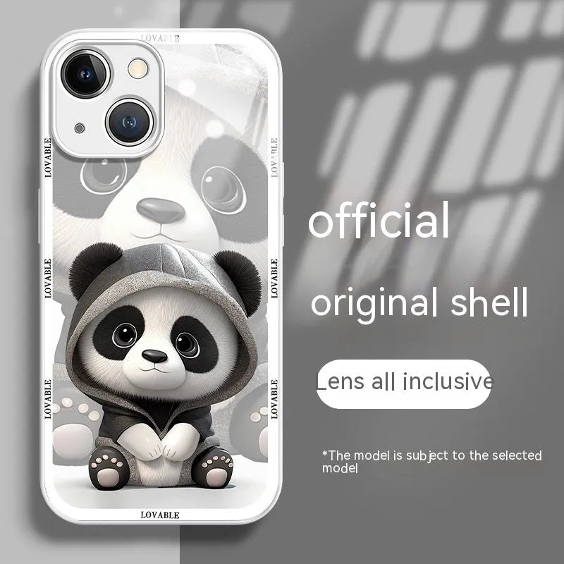 Glass liquid silicone phone case with panda design for iPhone, black and white colour options