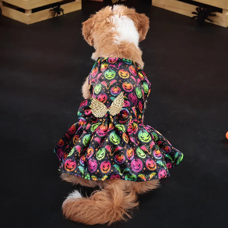 Orange and black Halloween dog costume with angel wings, shown in bright pumpkin and bright bat colours.