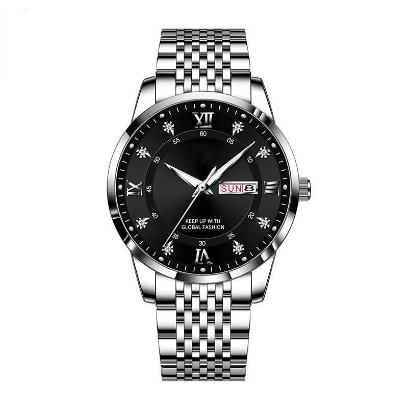 Men's quartz calendar week display watch with luminous dial, 42mm alloy case, stainless steel buckle, intergold colour
