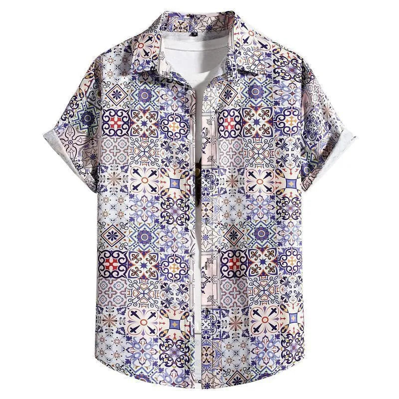 Men's slim fit short sleeve Hawaiian shirt with digital print pattern on stretch polyester fabric.